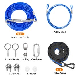 XiaZ Dog Tie Out Cable, 200ft Trolley Runner Cable for Dogs up to 250lbs, Dog Lead for Yard, Camping, Outdoor, with 8 Ft Nylon Bungee Runner, Cable Sling to Protect Trees,Blue