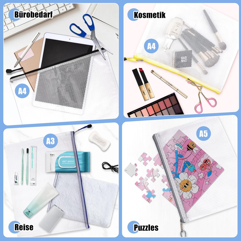 Document Wallet A4-14 Pieces Transparent Document Folder with Zipper, Mesh