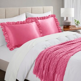 HommxJF Silky Satin Ruffled Pillow Cases for Hair and Skin,Peach Red Silk Pillowcases Standard Set of 2 with Envelope Closure Princess Room Decoration