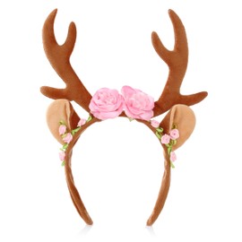 KarneLux Deer Headband Women's Costume Accessory for Carnival, Fancy Dress or Christmas - Reindeer Antlers with Ears and Flowers