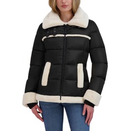 Laundry By Shelli Segal Women's Satin Puffer Jacket with Faux Fur Trim, Black