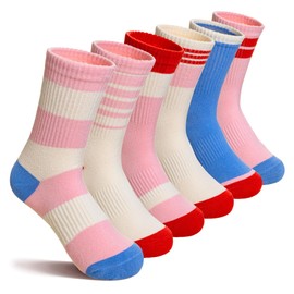 Kids Girls Socks Athletic Sport Breathable Soft Cotton Youth Girsl Crew Socks 6 Pairs(Pink Set, 9-15 Years)