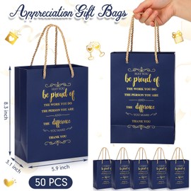 Fulmoon 50Pcs Thank You Gifts Bags Employee Appreciation Pape Bags Bulk 5.9 x 3.1 x 8.3'' Inspirational May You Be Proud Gift sack with Handle for Coworkers Teacher(Dark Blue)