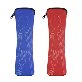 Vicloon 2 Pcs Cutlery Bags, Portable Flatware Bag, Fork Spoon Organizer, Camping Cutlery Storage Bag, Reusable Tableware Storage Bags for Fork Spoon Chopsticks (Red & Blue)