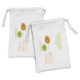 Ambesonne Dandelion Fabric Pouch Set of 2, Abstract Flower Celebration Theme Shower Inspired Arrangement, Small Drawstring Bag for Toiletries Masks and Favors, 9" x 6", Dark Brown Orange Green
