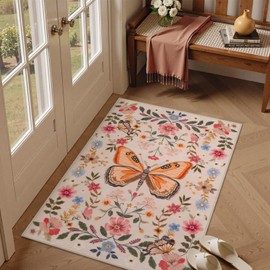 Beeiva Butterfly Insect Entry Rugs for Inside House 2x3, Washable Non-Slip Ultra Thin Bathroom Rug, Boho Floral Beige Low Pile Small Area Rug for Kitchen Bedroom Laundry (Beige/Pink, 2'x3')