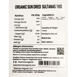 Organic Sun-Dried Sultanas - 100% Natural, No Additives or Preservatives - Vegan, GMO-Free, Certified Organic - Sweet, Juicy and Nutritious Snack - Perfect for Baking and Cooking - Thames Organic 250g
