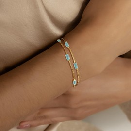 Ritach Birthstone Bracelet for Women 14K Gold Plated Dainty Double Layers Stackable Cubic Zirconia Charm Link Bracelet for Valentines Day Birthday Gifts for Her Jewelry, One Size, Bronze, Cubic