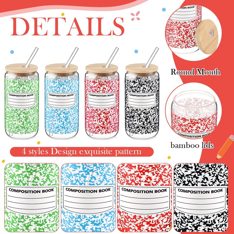 4 Pack 16 oz Back to School Glass Cups, Composition