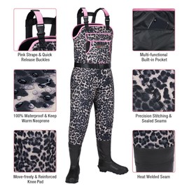 HISEA Neoprene Chest Waders Leopard Print Duck Hunting Waders for Women with Boots Cleated Waterproof Insulated Fishing Waders
