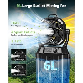 Misting Fan Portable for Outside, Camping Mister Cooling Fan for Outdoors Patios, Rechargeable Battery Operated Mist fans, 4 Spray Outlets, 3 Lights Modes, 4 Timer for Fishing/Golf/Garden/Party/Beach