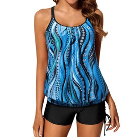 Yonique Womens Blouson Tankini Swimsuits Two Piece Strappy Bathing Suit Tops with Shorts Criss Cross Swimwear Blue Wavy Pattern L