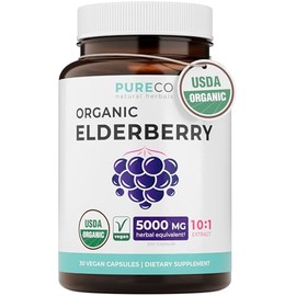 PURE CO Organic Elderberry 10:1 Extract 500mg Per 1 Capsule Serving - Vegan Black Elderberry Supplement for Immune Support, Allergy, Sinus Relief - Sa