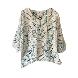 Verdusa Crochet Boho Tops 3/4 Length Sleeve Womens Tops Off The Shoulder Summer Sweater Beach Cover Ups Floral Green Small