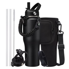 32 oz Insulated Water Bottle - Fits in Car Cup Holder, Cold 48H Hot 24H, Leakproof Stainless Steel Water Bottles with Straw & Pop-up Spout Lid, Paracord Handle, Bottle Holder Bag & Flask Boot