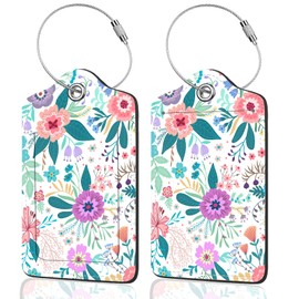 2Pack Luggage Tags for Suitcases, Cute Unique Pu Leather Cruise Luggage Tag with Privacy Cover ID Label Address Card and Metal Ring Suitable for Women Men Kids Travel Bag Colorful Flowers 2