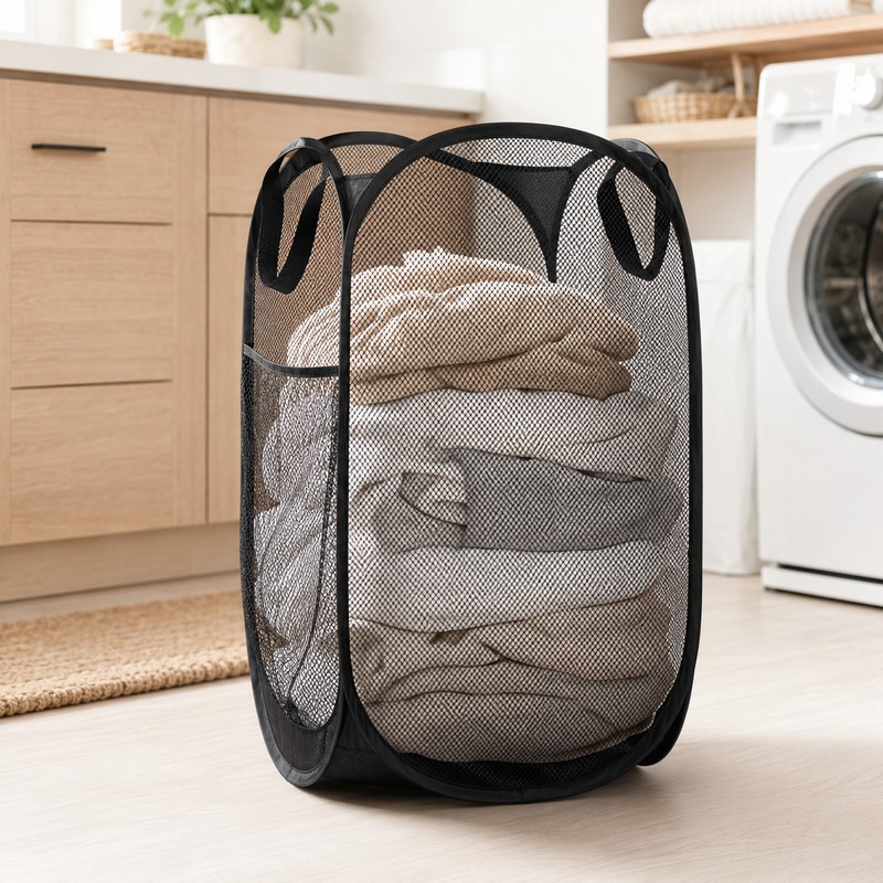 Collapsible Mesh Pop Up Laundry Hamper with Handles & Side