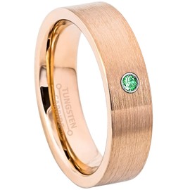 Rose Gold Pipe Cut Tungsten Carbide Unisex Wedding Band with 0.07ctw Solitaire Round Tsavorite Birthstone Tungsten Ring - 6mm Brushed Comfort Fit Tungsten Anniversary Ring - 1TVR