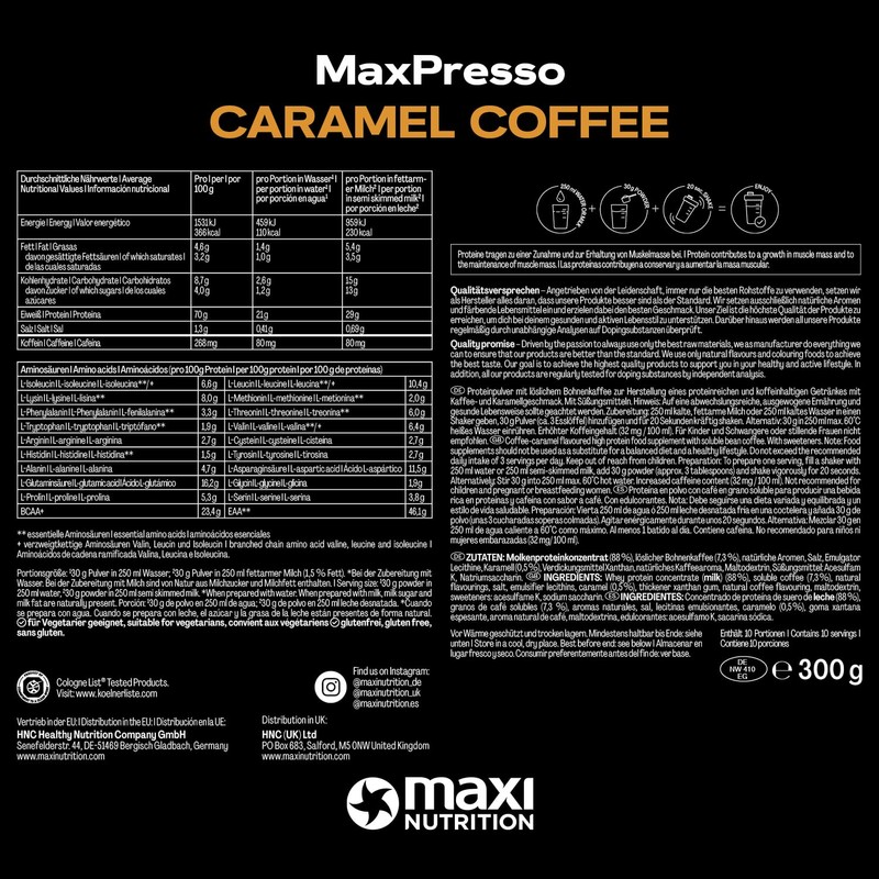 MaxiNutrition MaxPresso Caramel, Protein Coffee, Whey Coffee Powder, 21 g