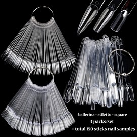 Fcozpjk Nail Color Swatch Sticks with Ring, 150pcs Ballerina Square Stiletto Clear Nail Tips, Nail Polish Display Sample Sticks, Practice Nail Tips, Nail Salon Supplies