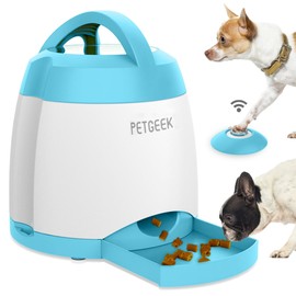 PETGEEK Automatic Dog Feeder/Treat Dispenser with Rechargeable Button Remote Control, Interactive Dog Food Puzzle & Stimulation Toys, 400ml Capacity Pet Dispensing Toy for Indoor/Outdoor Play