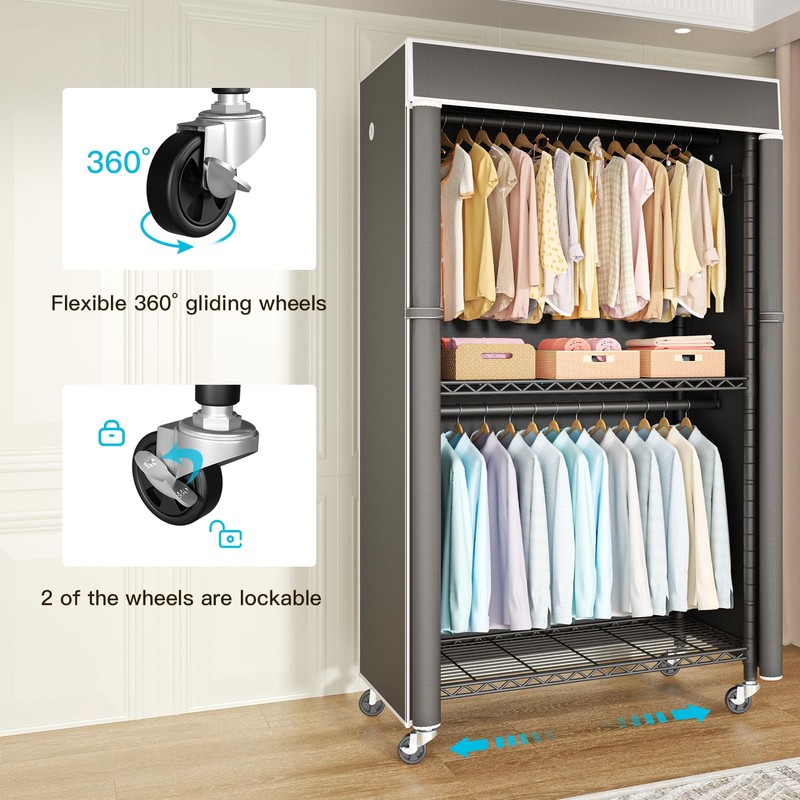 FUTASSI Black Clothing Rack with Dark Gray Cover, P1C Rolling