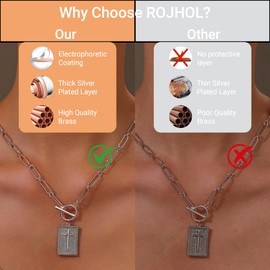 ROJHOL Chunky Cross Necklace for Women Trendy 14K Gold Silver Layered Hammered Cross Pendant Charm Necklace Stackable Paperclip Herringbone Snake Cuban Chain Choker Non Tarnish Gold Jewelry Gifts