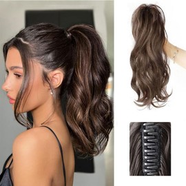 Highlight Ponytail Extension Claw Multi Layered Hair Wavy Curly Jaw Clip in Fake Pony Tails Fake Hair Soft Natural Looking Synthetic Hairpiece for Women (Brown2 Light2)