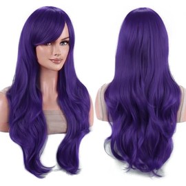 IMISSU 70 cm Long Hair Water Wavy Wigs with Fringe Cosplay Costume Wig (Dark Purple)