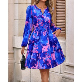 BTFBM Fall Dresses for Women 2025 V Neck Long Sleeve Elastic Waist Boho Beach Vacation Clothes Floral Mini Summer Dress(Flower Blue Pink, X-Large)