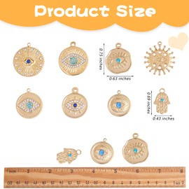 COGCHARGER 16 Pieces Evil Eye Charms 304 Stainless Steel Round Hamsa Hand Evil Eye Rhinestone Pendants for DIY Jewelry Making