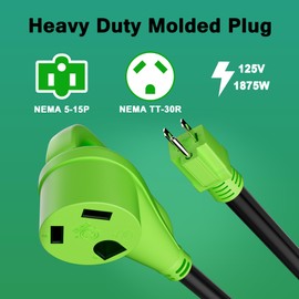 RV Adapter Plug 30 Amp to 15 Amp 110 Volt Cord with Grip Handle, 15A Male to 30A Female Dogbone RV Trailer Camper, NEMA 5-15P to TT-30R, SJTW, 10AWG, Heavy Duty Electrical Power, 12in, 1ft, Green