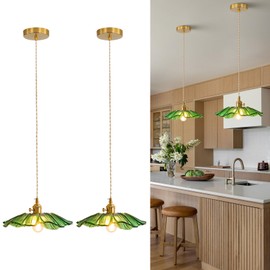 GloMuse Pendant Lights Kitchen Island Dining Room Light Fixture Glass Hanging Light Green Flower Light 2pack Island Lights for Bedroom Kitchen Dining Room Living Room Green Sunflower 2 Pack
