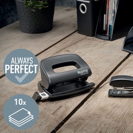 Leitz NeXXt Recycle Mini Hole Punch, 10 A4 Sheet Puncher, 100% Recyclable, Steel & Recycled Plastic, CO2 Neutral, Eco Friendly, Recycle Range, Black, 50100095
