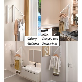 Dr.DJ Clothes Drying Rack Wall Mounted, Retractable & Foldable Clothes Hanger for Laundry Room Organization and Storage, Clothes Hanger Rack for Dorm, Closet, Balcony, Laundry Room(1P, Metal, White)