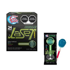 Dulces Cool Toons - Paleta Laser de Caramelo Macizo con palillo neón luminoso que brilla en la oscuridad, sabores Mora Azul, Cereza y Manzana Verde. Paquete 2 cajas (24 Paletas 14grs - c/caja).