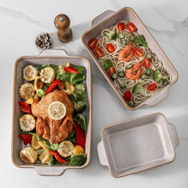 HVH 9x13 Baking Dish Set, Large Casserole Dishes for Oven, Ceramic Bakeware Set of 3, Rectangular Lasagne Pan Deep for Baking (Sand Color)