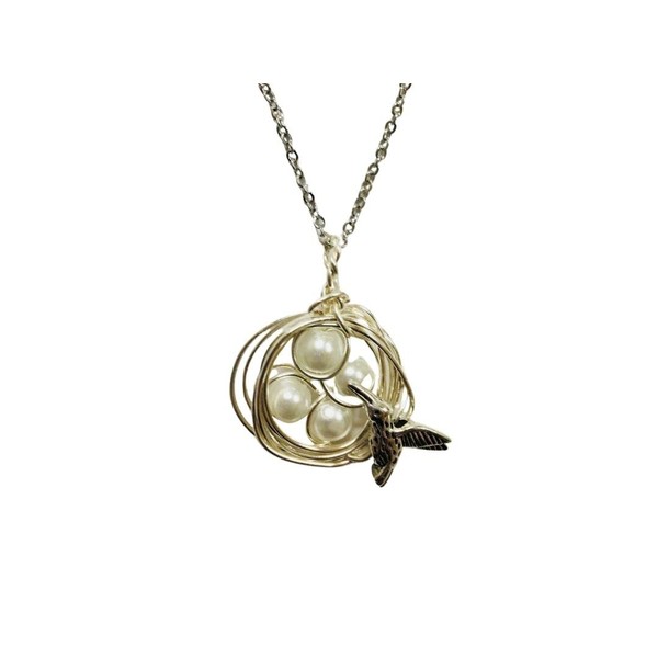 Hummingbird Nest Pendant with 4 White Pearl Eggs on a