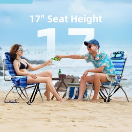 Tall Beach Chairs for Adults, 17" High Backpack Beach Chair with Wooden Armrests, 5 Positions Reclining Heavy Duty Chair with Large Cooler Pouch, Support to 350LBS Striped Blue,1pack