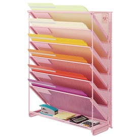 Kuntine.B 7-Tier Hanging File Organizer Vertical Wall File Holder, Mesh Magazine Rack Mail Document Organizer for Office School Home (Pink, 1 Pack)