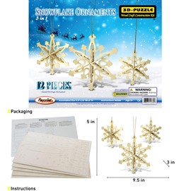 Puzzled 3D Puzzle Snowflake Ornaments Wood Craft Construction Model Kit, Fun & Educational DIY Wooden Toy Assemble Unfinished Crafting Hobby Puzzle 12pcs - Set of 3