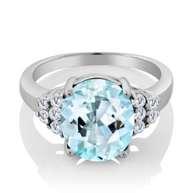 Gem Stone King 6.56 Cttw Sky Blue Topaz and Moissanite Ring Foe Women | Oval 14X10MM | 925 Sterling Silver | Available In Size 5, 6, 7, 8, 9