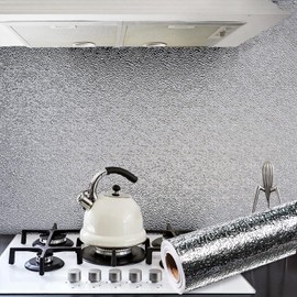 Kitchen Wallpaper Oil Proof Sticker for Backsplash Wall 15.7"X118" Aluminum Foil Silver Contact Paper Self Adhesive Metallic Cabinet Liner Heat Resistant Peel and Stick Wall Paper for Countertops Desk