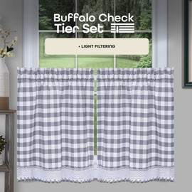 Buffalo Check Tier Pair Window Curtain Set - 58 Inch Width, 36 Inch Length - Grey & White Plaid Drapes - Light Filtering Drapes for Kitchen, Bedroom, Living & Dining Room by Achim Home Decor