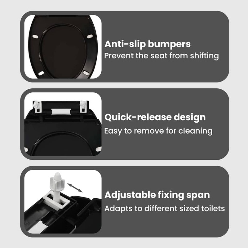"vidaXL Soft-Close Toilet Seat in Black Polypropylene, Quick-Release Design and