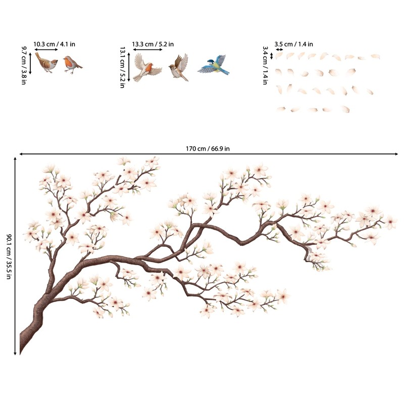 DECOWALL SG4-2213 Wall Sticker Birds on Tree Branch Blossoms Wall