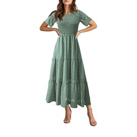 BTFBM Women Casual Short Sleeve Crew Neck Summer Dress Bohemian Floral Printed Flowy Maxi Dresses Tiered Cocktail Dress (Floral Green White, Small)