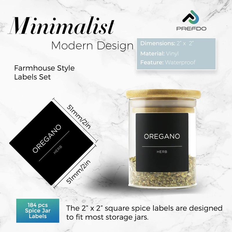 184 Spice Jar Labels, Prefdo Minimalist Preprinted Black Sticker White