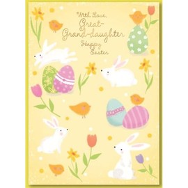 Simon Elvin Great-Granddaughter Easter Card, Yellow Spring Design with Bunnies and Eggs, 13 x 19 cm