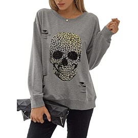 Blooming Jelly Women's Crewneck Sweatshirt Skull Graphic T Shirts Long Sleeve Top Pullover Oversized Sweaters (Small, Grey-Leopard Skull)